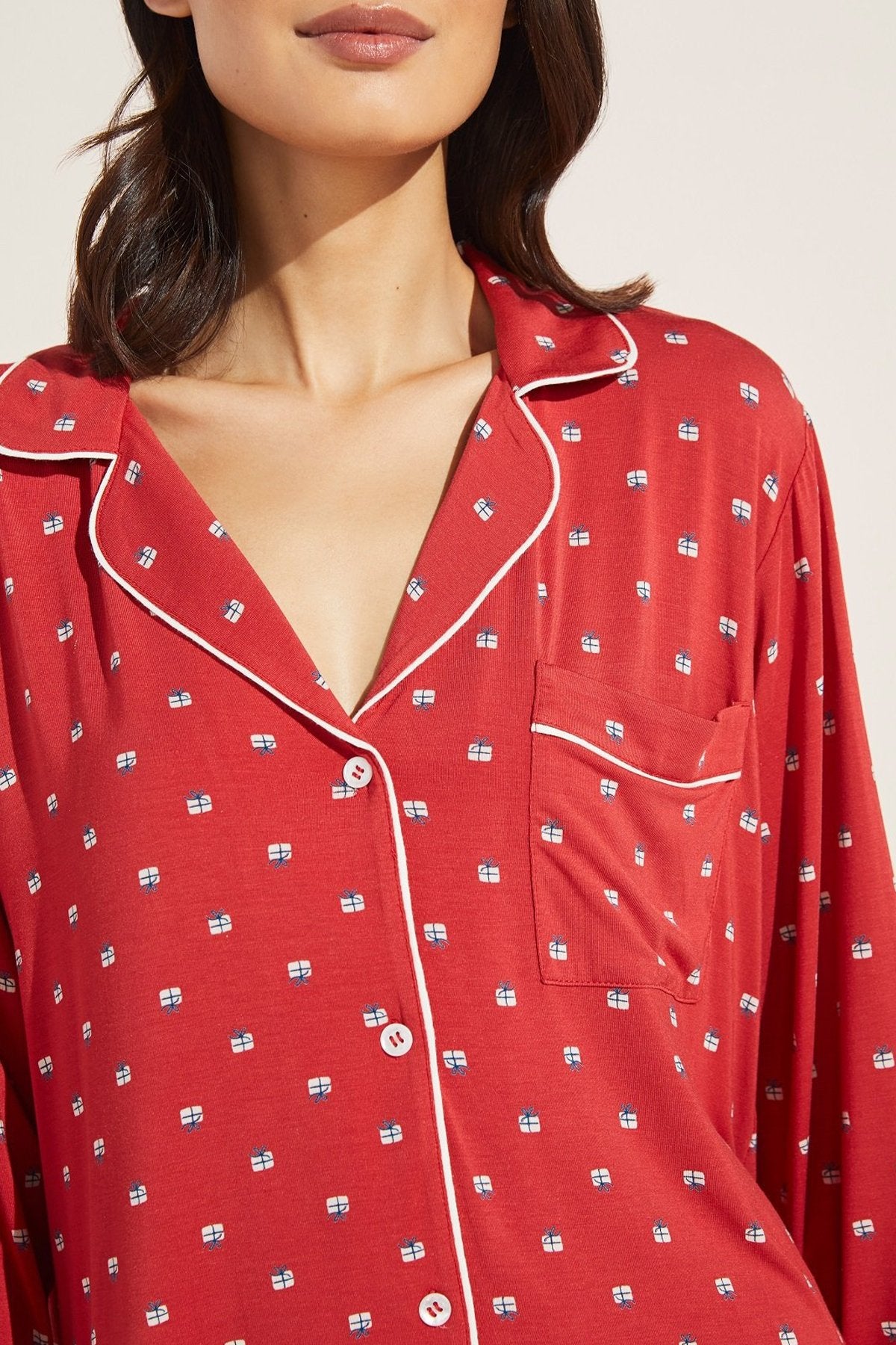 Gisele Printed Long PJ Set in Presents Haute Red/Bone - shop-olivia.com