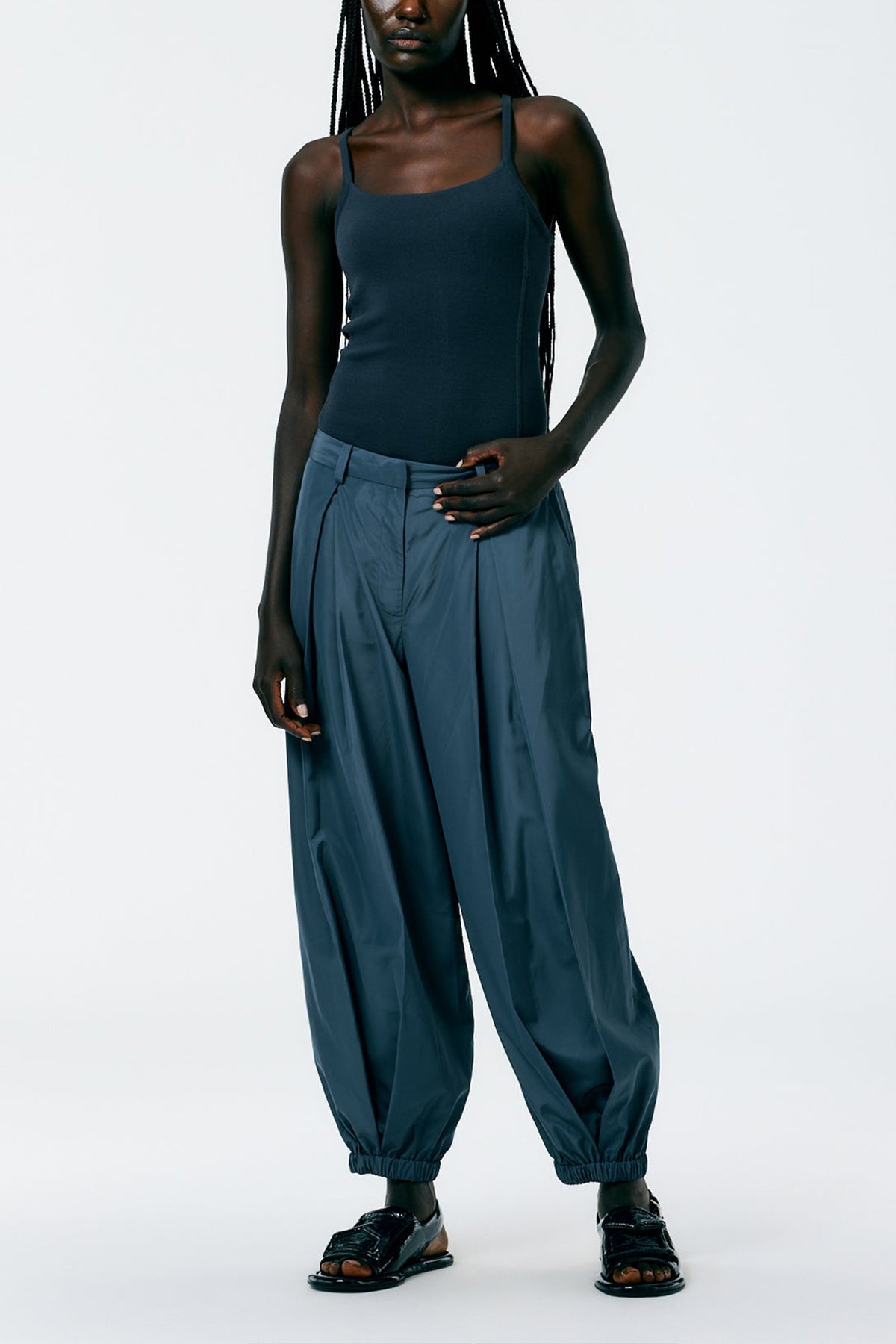 Italian Sporty Nylon Eden Pleated Balloon Pant in Blue Grey - shop-olivia.com