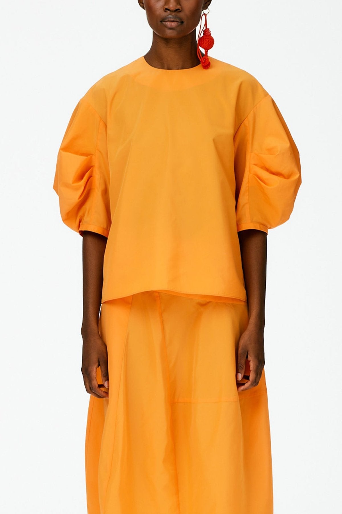 Italian Sporty Nylon Pleat Sleeve Top in Orange - shop-olivia.com