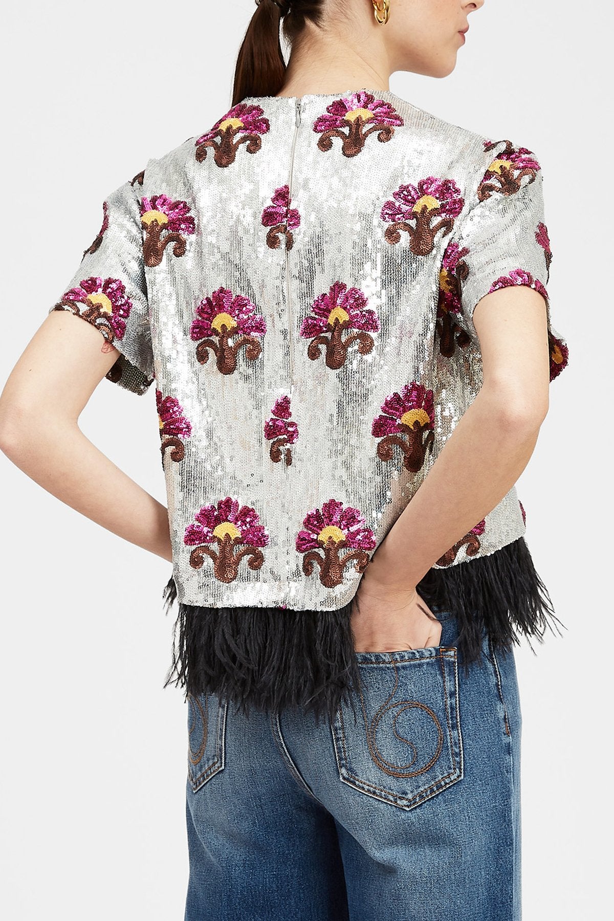 La Scala Tee with Feathers in Textured Sequins - shop-olivia.com