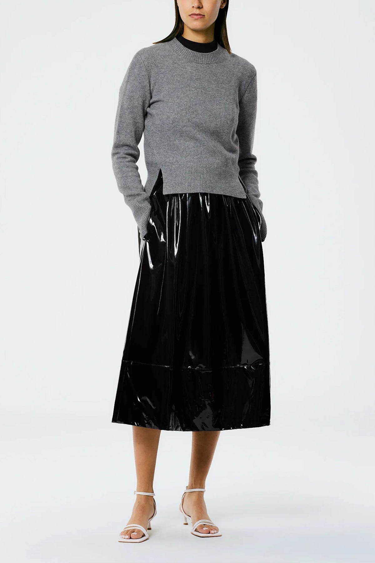 Light Weight Stretch Patent Smocking Waistband Full Skirt in Black - shop-olivia.com