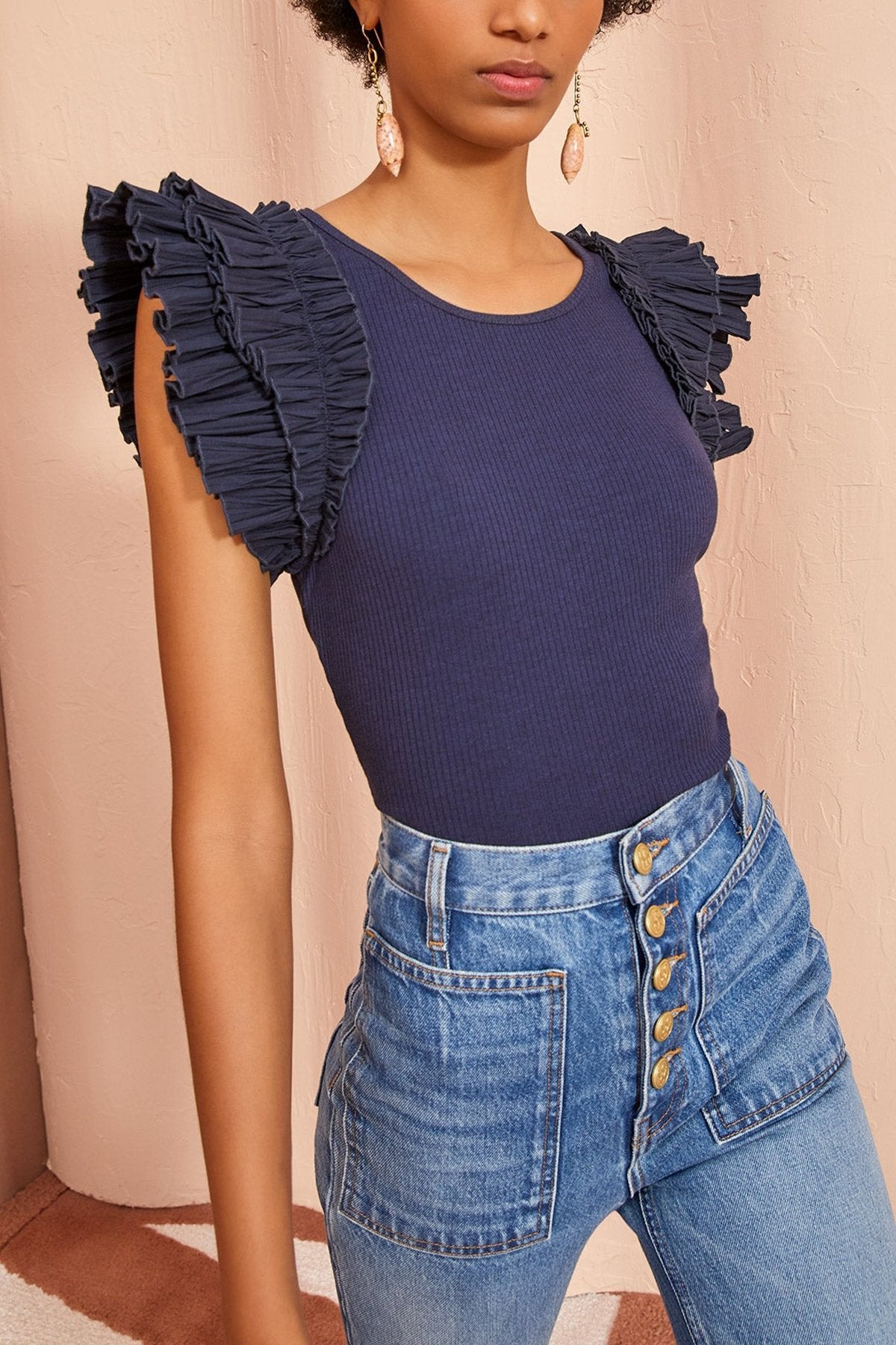 Lilo Ribbed Knit Tank Top in Midnight - shop-olivia.com