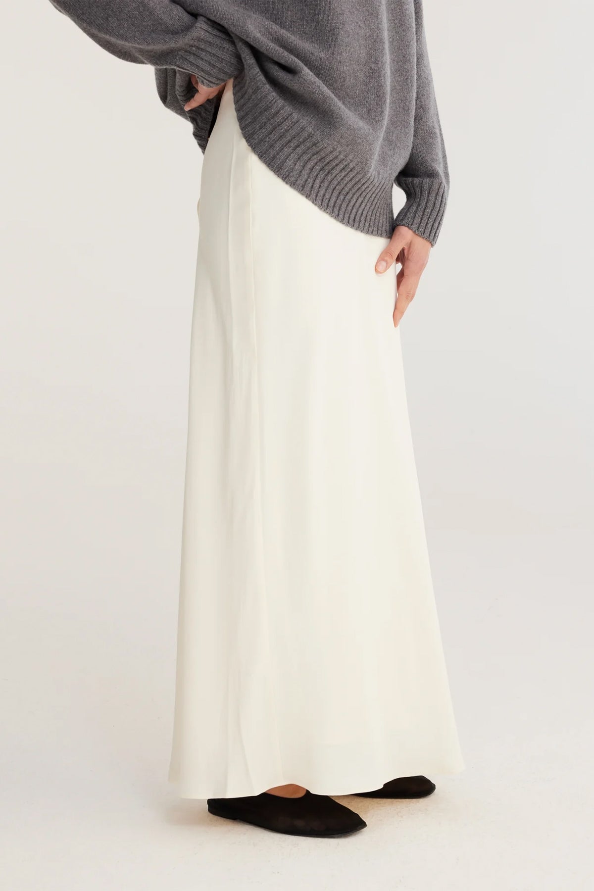 Long Satin Skirt in Cream - shop-olivia.com