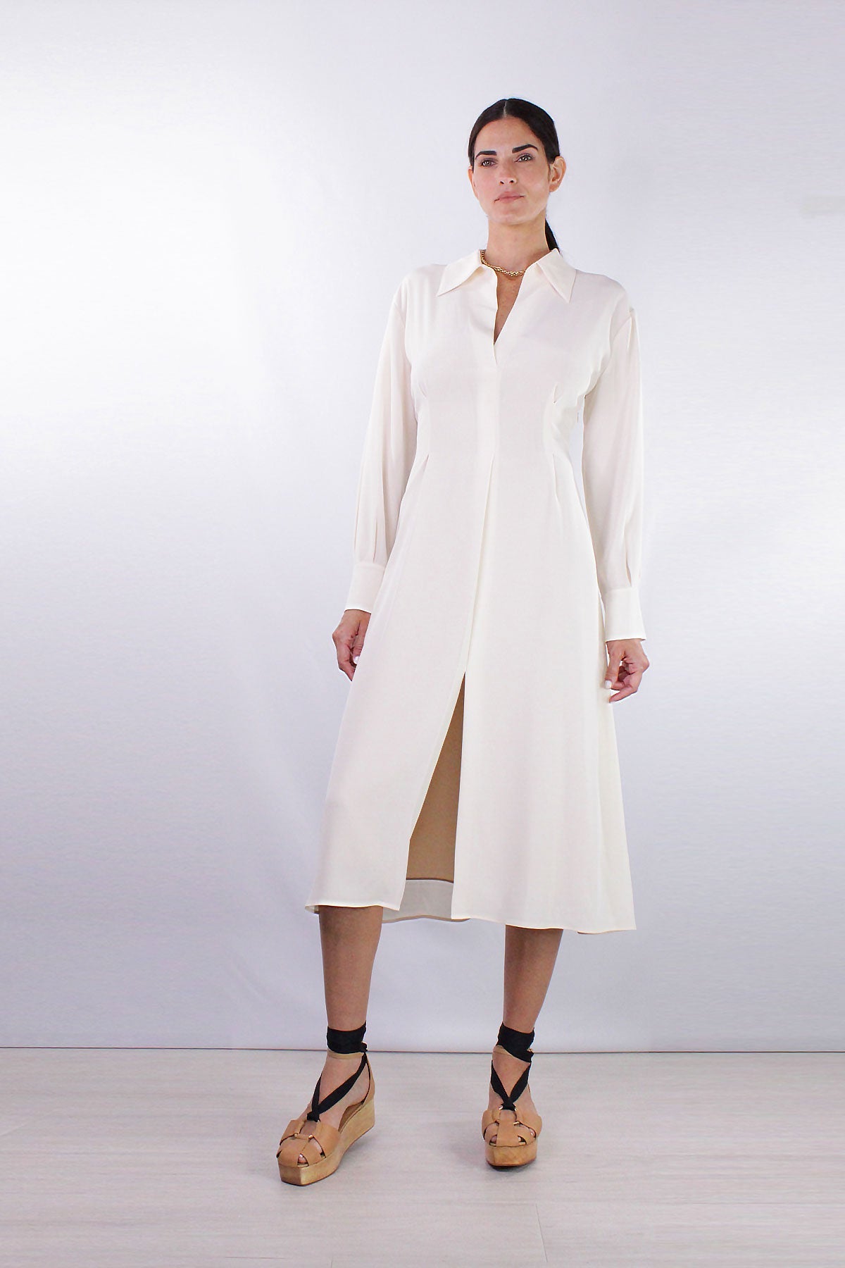 Long Sleeve Draped Collar Dress in Chiffon - shop-olivia.com