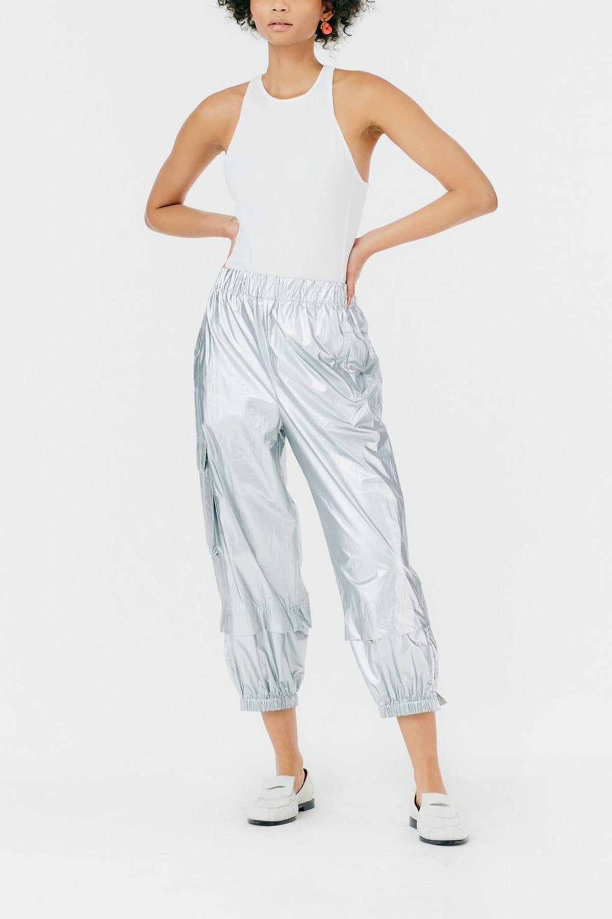 Metallic Nylon Pull On Jogger in Silver - shop-olivia.com