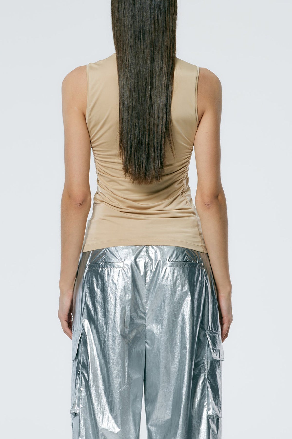 Micro Jersey Shirred Crewneck Top in Nude - shop-olivia.com