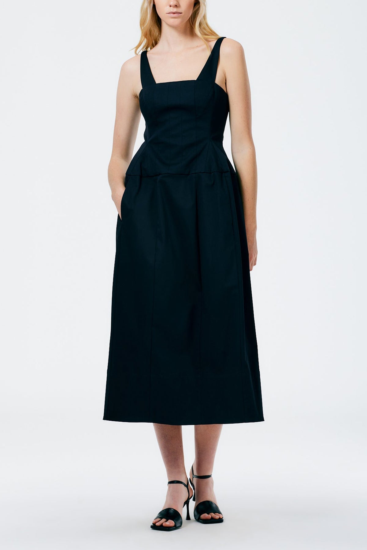 Mila Stretch Satin Corset Lantern Dress in Navy - shop-olivia.com