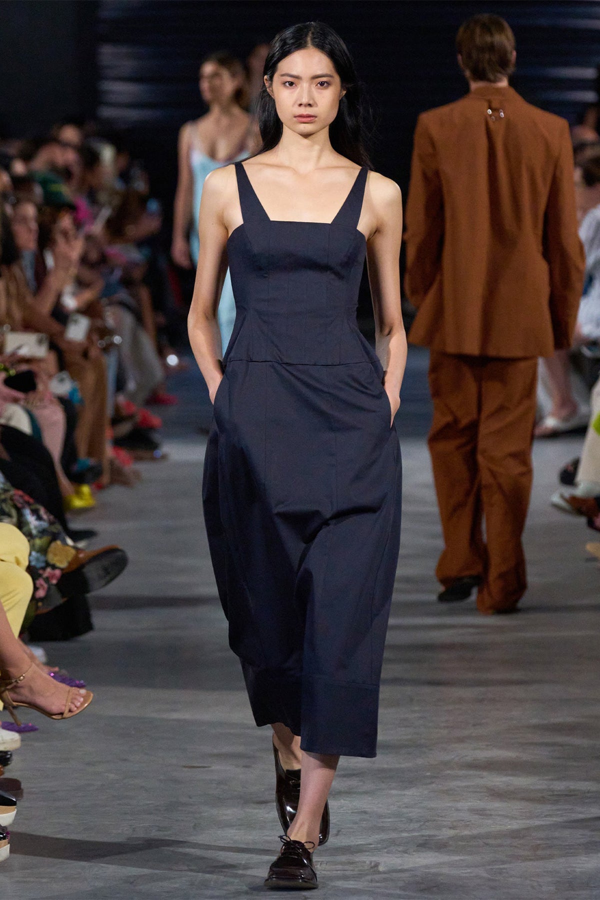 Mila Stretch Satin Corset Lantern Dress in Navy - shop-olivia.com