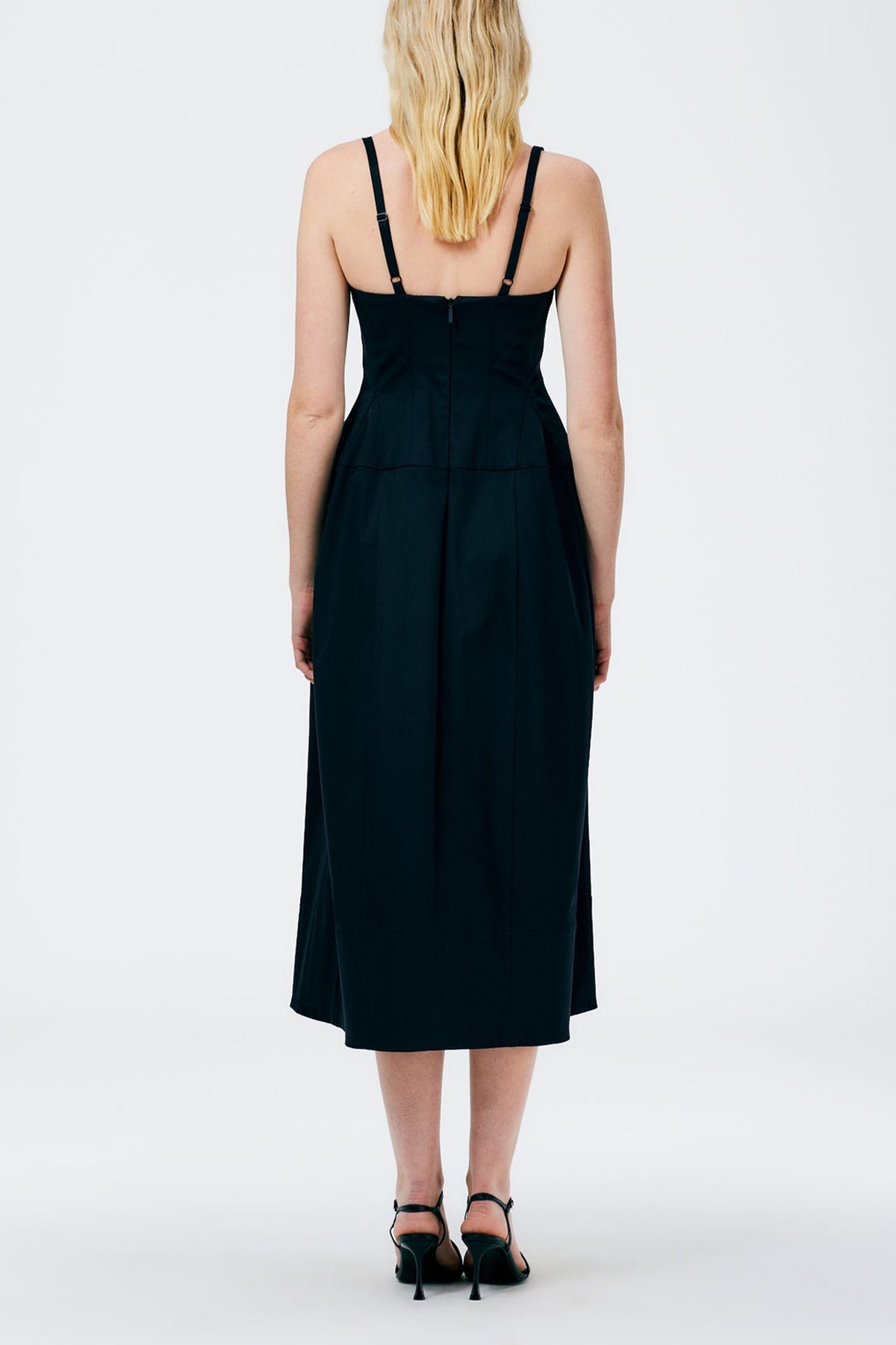 Mila Stretch Satin Corset Lantern Dress in Navy - shop-olivia.com