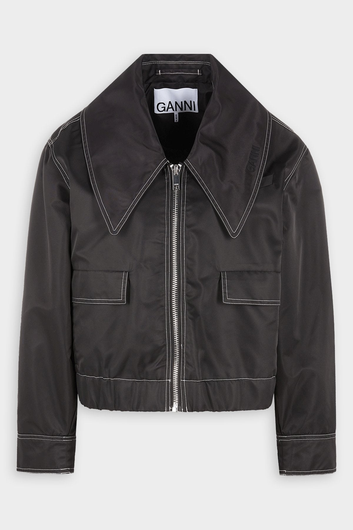 Nylon Wide Collar Bomber Jacket in Black - shop-olivia.com