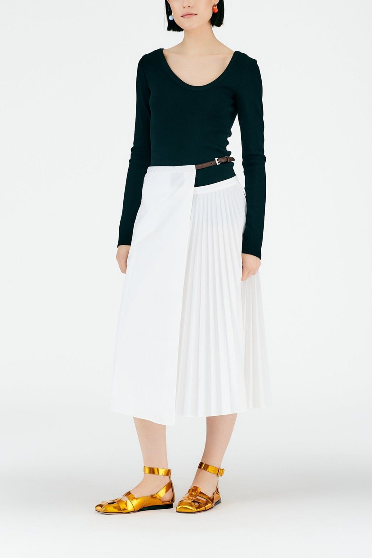 Pleated Cotton Leather Wrap Skirt in White - shop-olivia.com