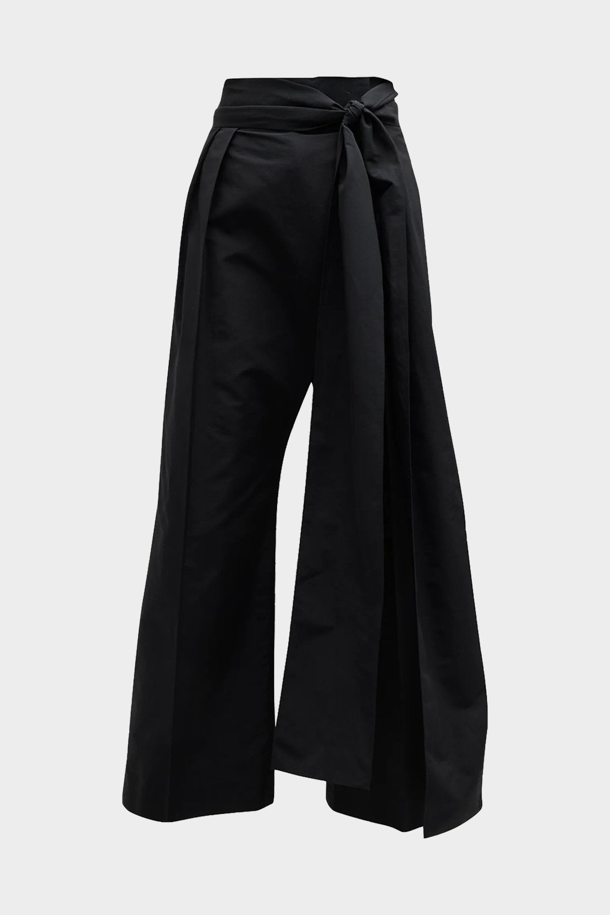 Pleated Straight Trousers with Tie Waist Details in Black - shop-olivia.com