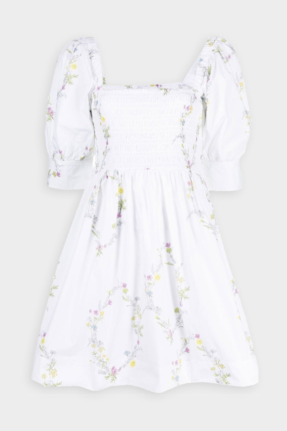 Printed Cotton Mini Smock Dress in Floral Shape Bright White - shop-olivia.com