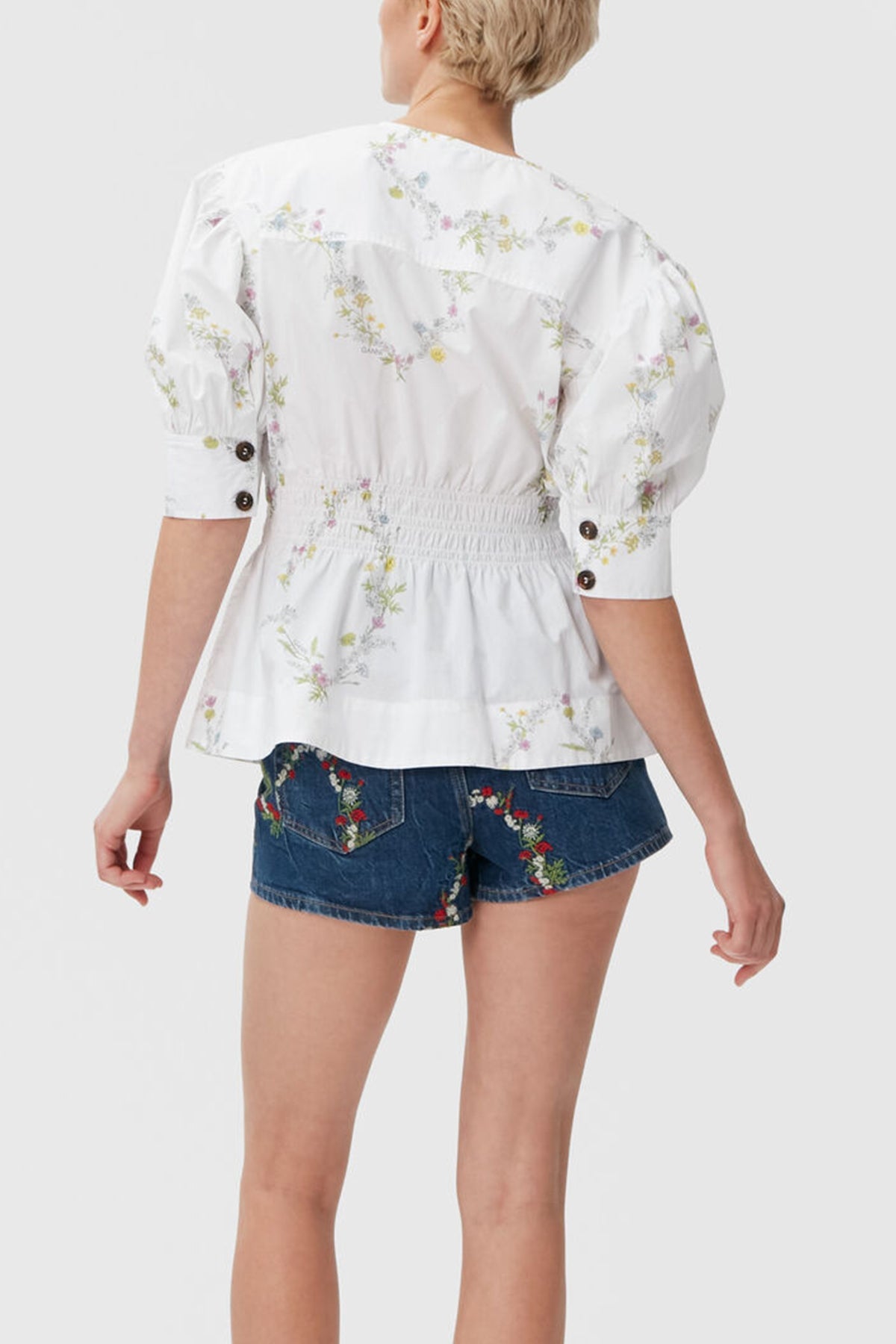 Printed Cotton V-Neck Smock Blouse in Floral Shape Bright White - shop-olivia.com