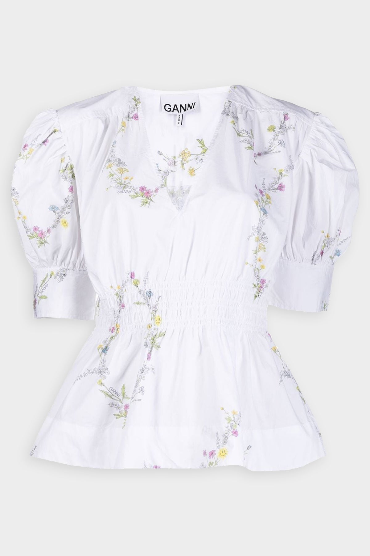 Printed Cotton V-Neck Smock Blouse in Floral Shape Bright White - shop-olivia.com