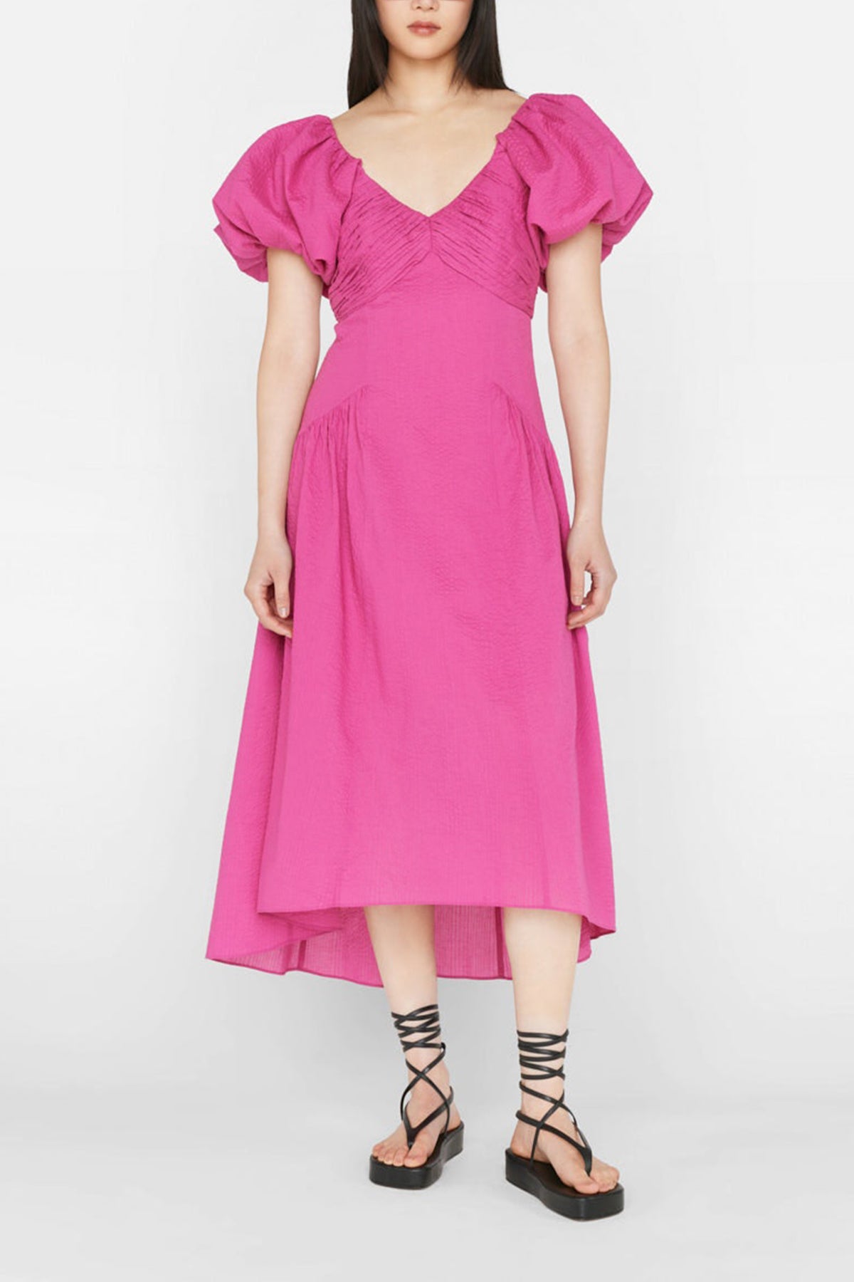 Puff Sleeve Dress in Fuchsia - shop-olivia.com