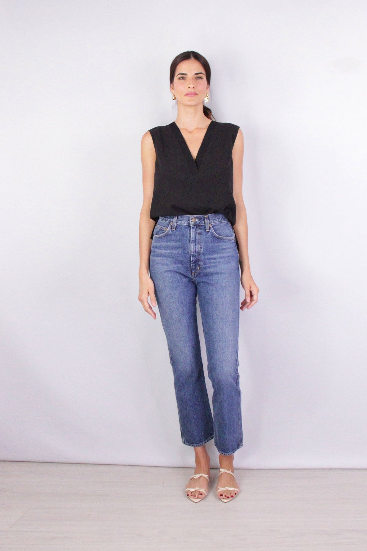 Rib Trim Double V Neck Shell in Black - shop-olivia.com