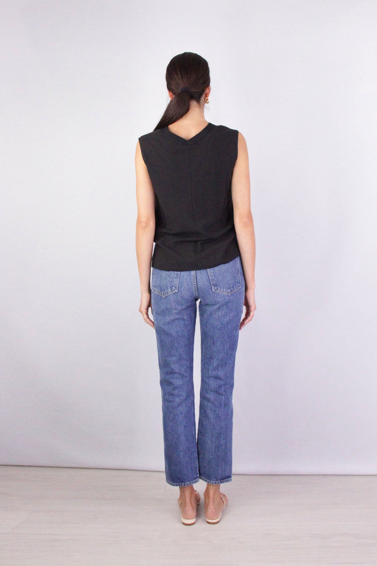 Rib Trim Double V Neck Shell in Black - shop-olivia.com