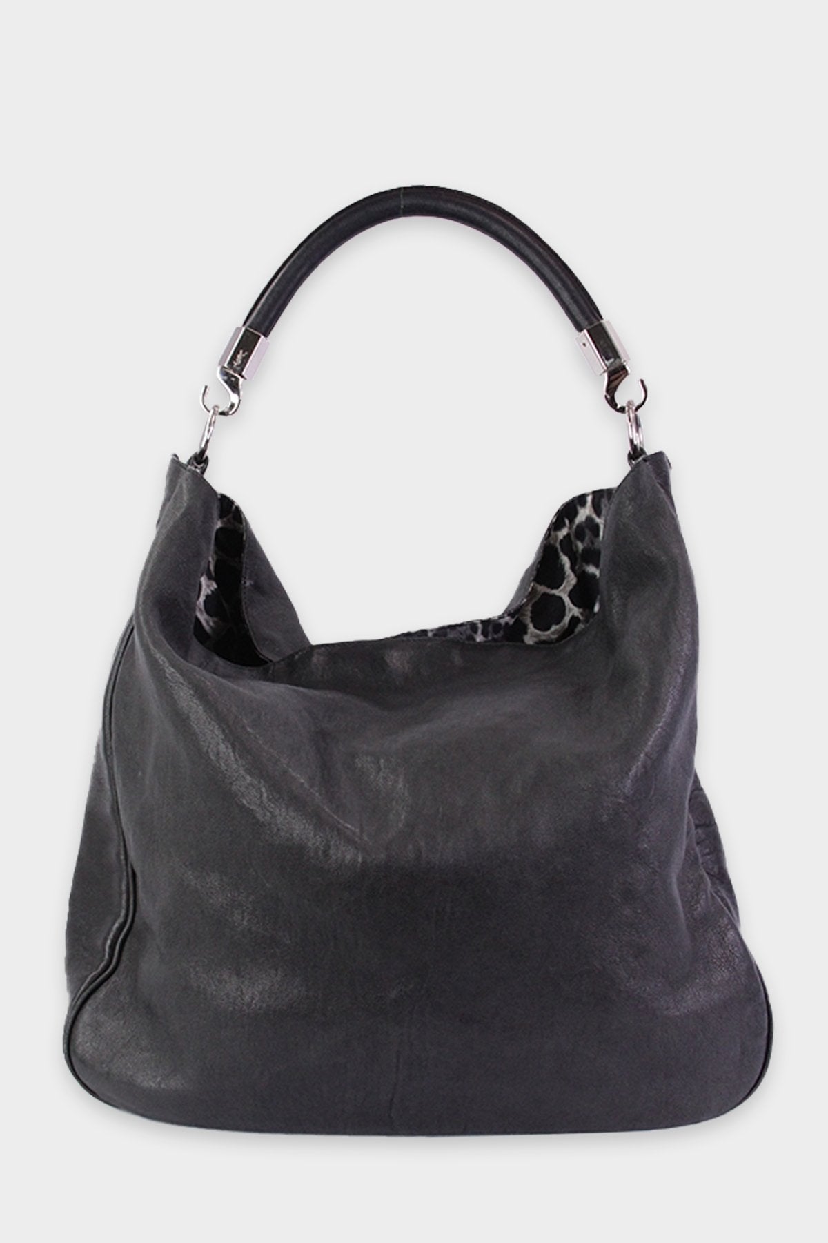 Saint Laurent Black Leather Hobo Handbag with Leopard Print in the Interior - shop-olivia.com