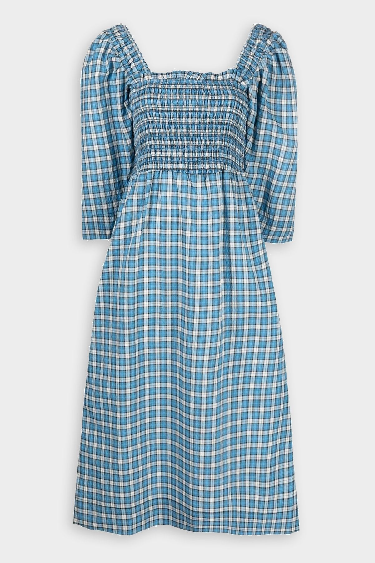 Seersucker Shirred Midi Dress in Check Azure Blue - shop-olivia.com