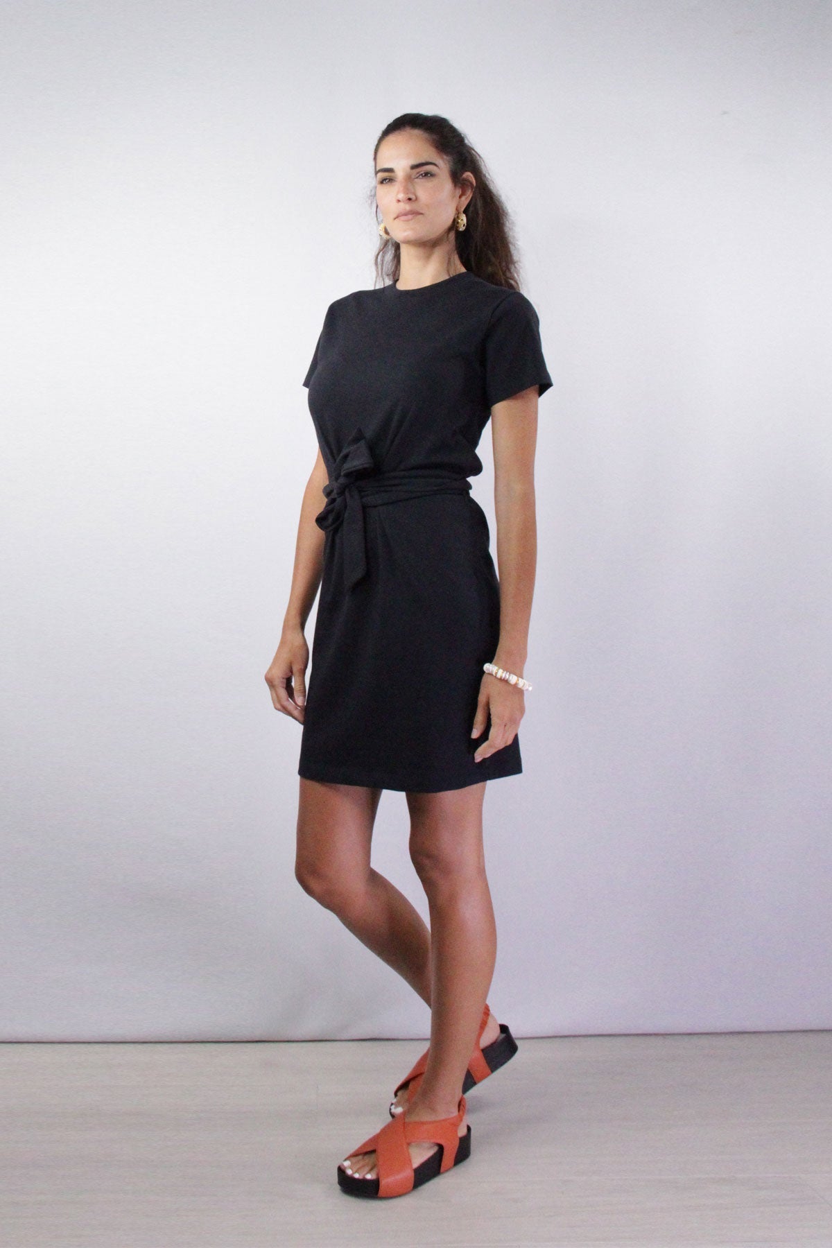 Short Sleeve Waist Tie Dress in Coastal Blue - shop-olivia.com