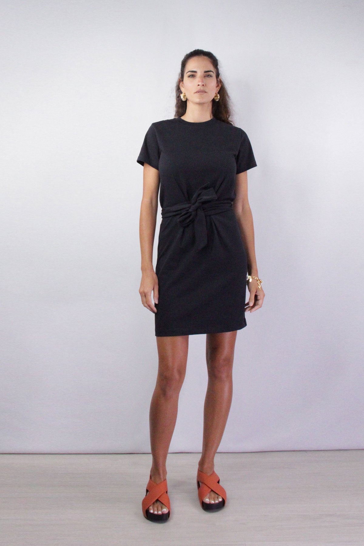 Short Sleeve Waist Tie Dress in Coastal Blue - shop-olivia.com