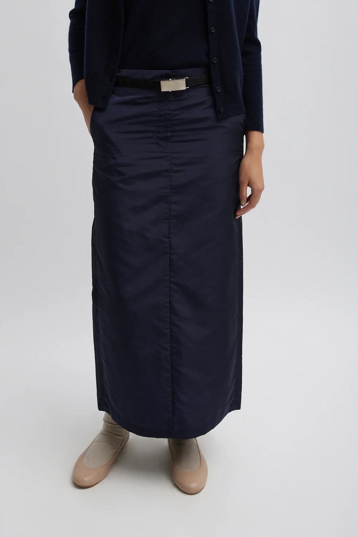 Silk Nylon Maxi Skirt in Navy