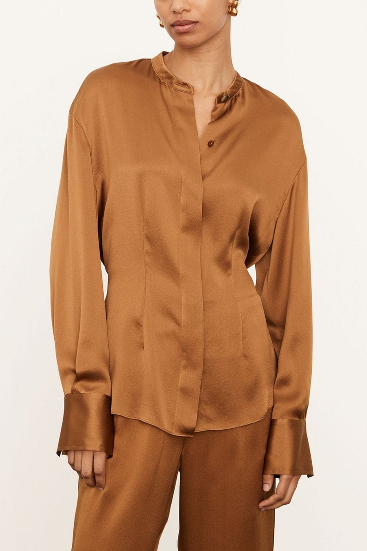 Silk Shaped Long Sleeve Band Collar Blouse in Vicuna - shop-olivia.com