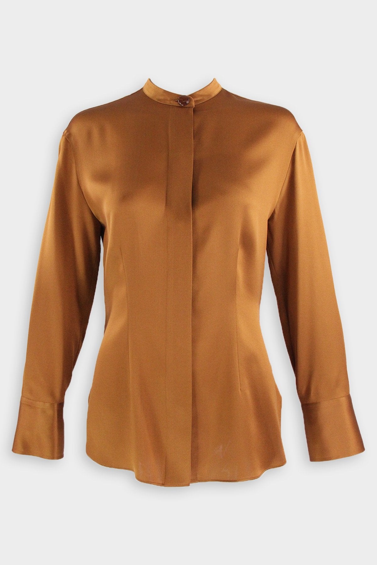 Silk Shaped Long Sleeve Band Collar Blouse in Vicuna - shop-olivia.com
