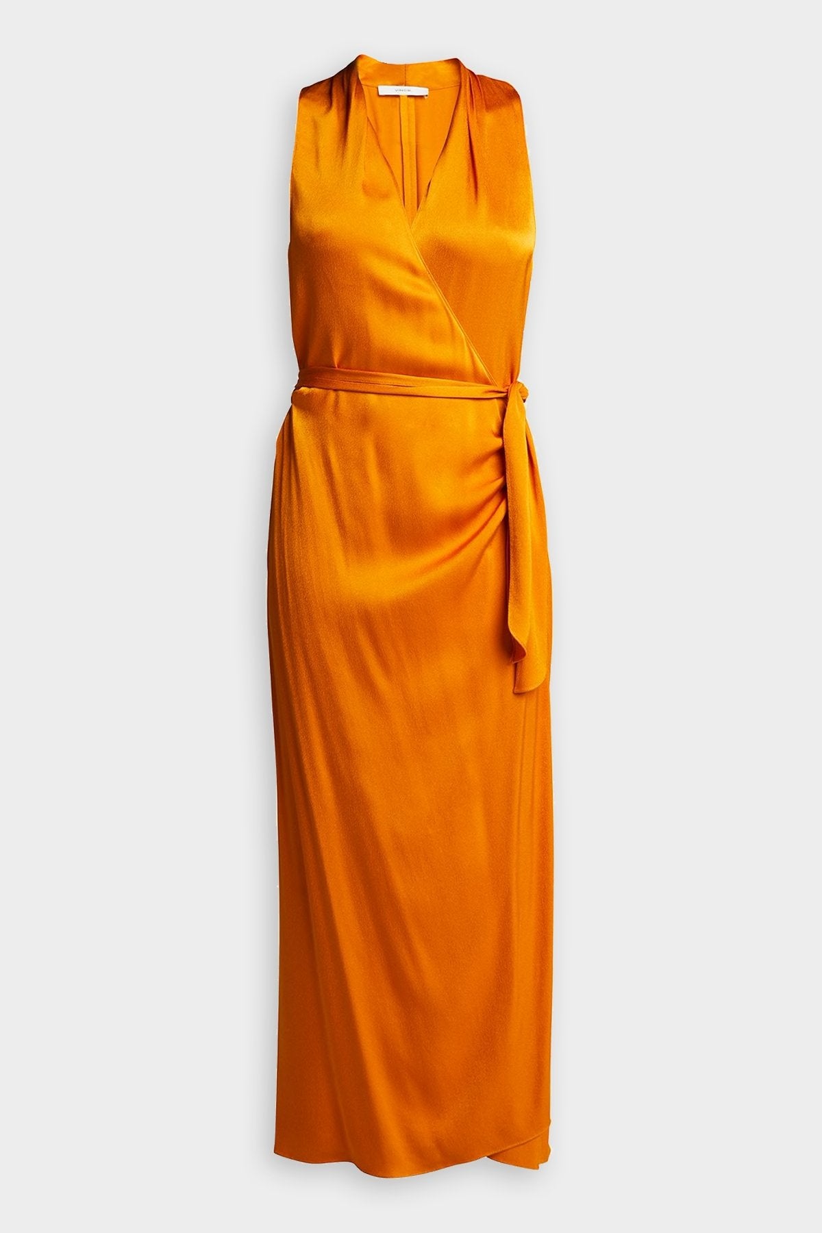 Sleeveless Drape Neck Silk Wrap Dress in Burnt Orange - shop-olivia.com
