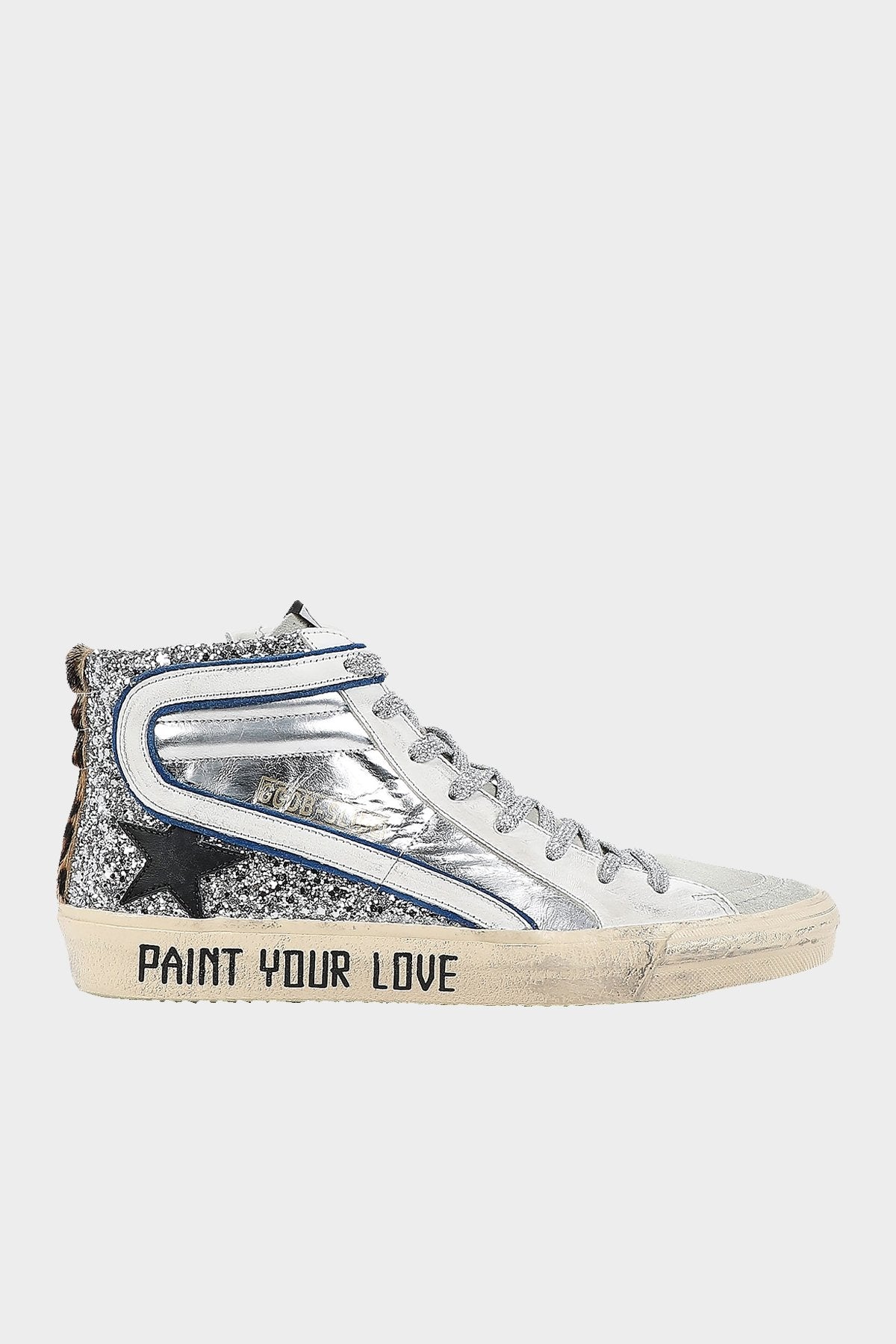 Slide Silver Glitter and Laminated Leather Sneaker