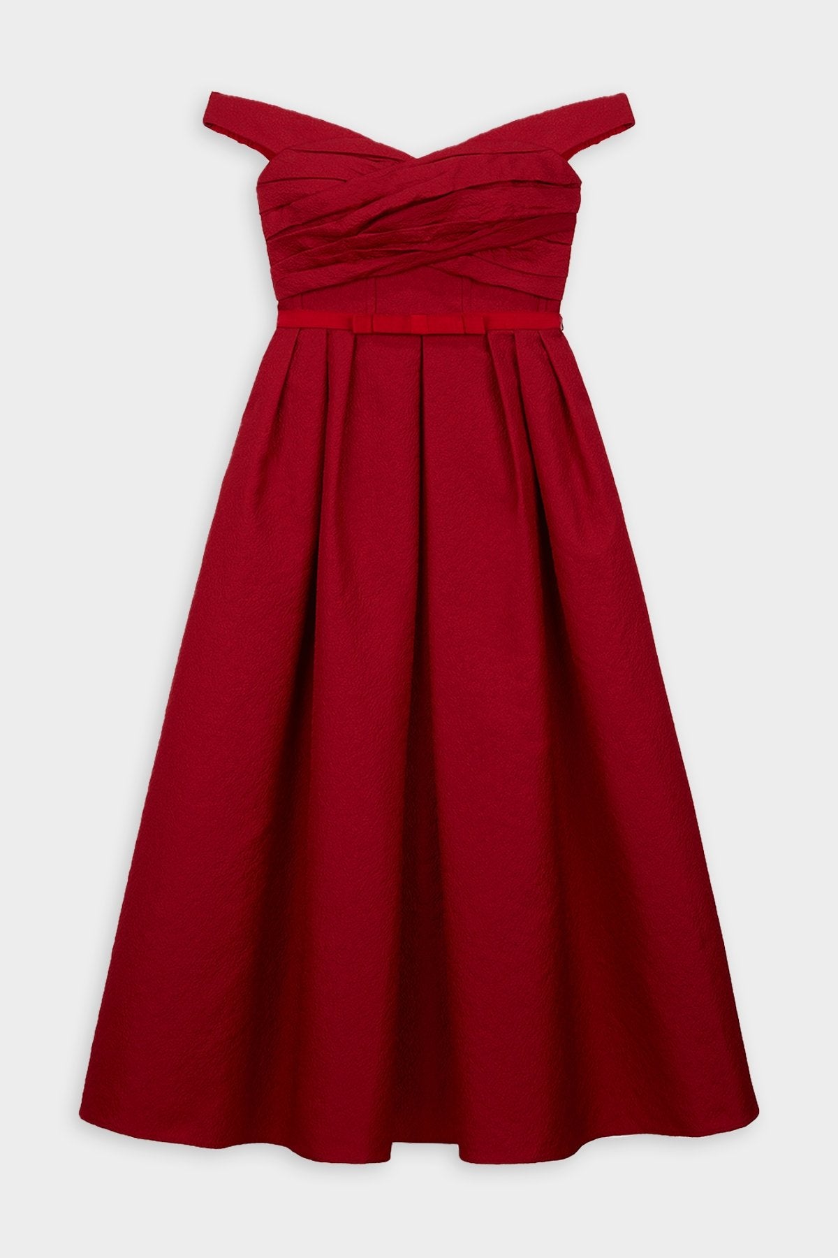 red off shoulder midi dress Irne Sequin Embroidered Off-Shoulder Midi Dress in Red