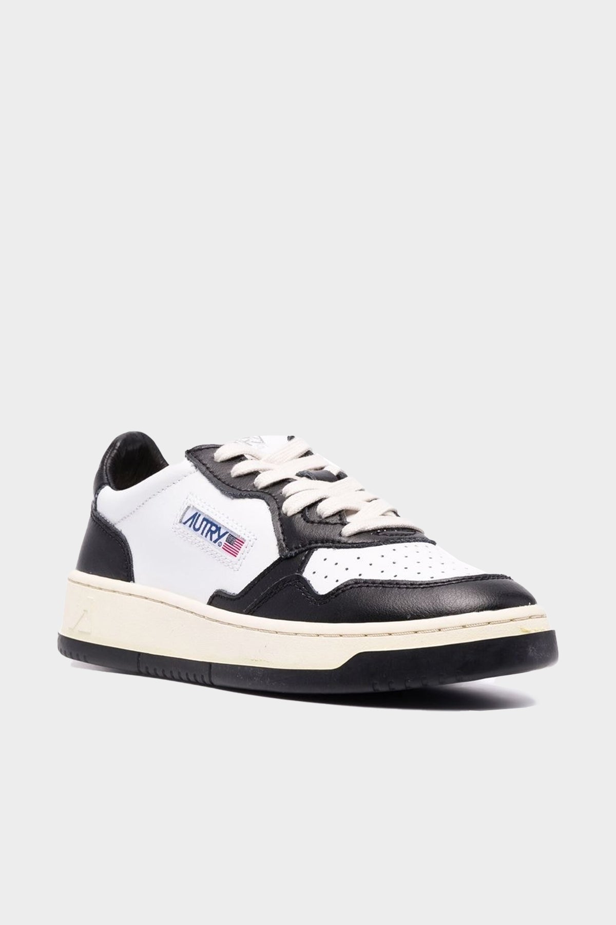 Two-Tone Medalist Low Leather Sneaker in White and Black - shop-olivia.com