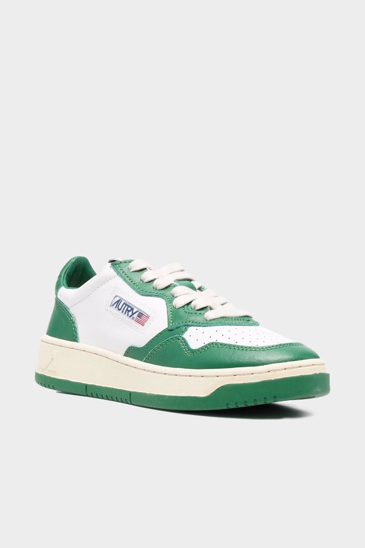 Two-Tone Medalist Low Leather Sneaker in White and Green - shop-olivia.com
