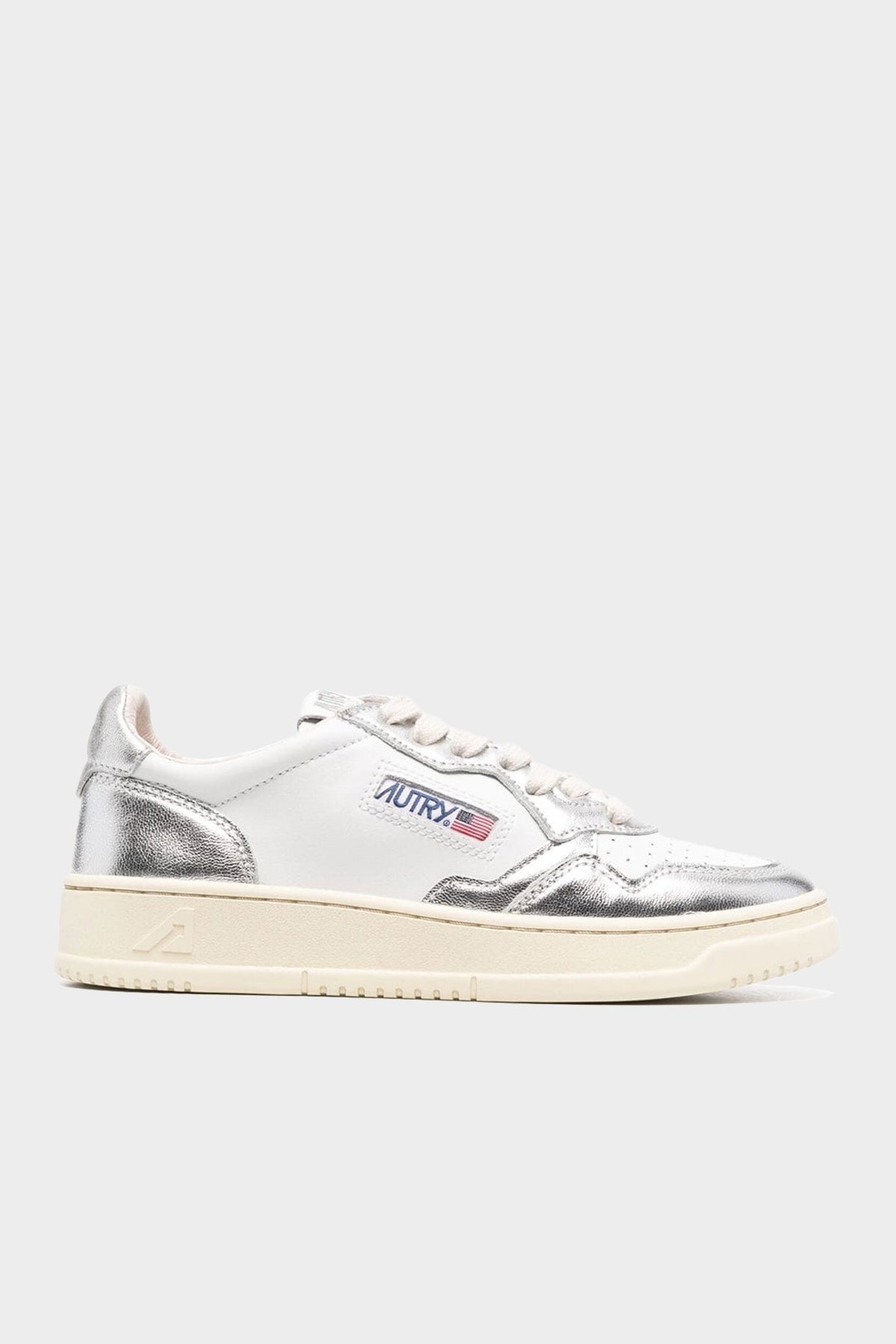 Two-Tone Medalist Low Leather Sneaker in White and Silver - shop-olivia.com