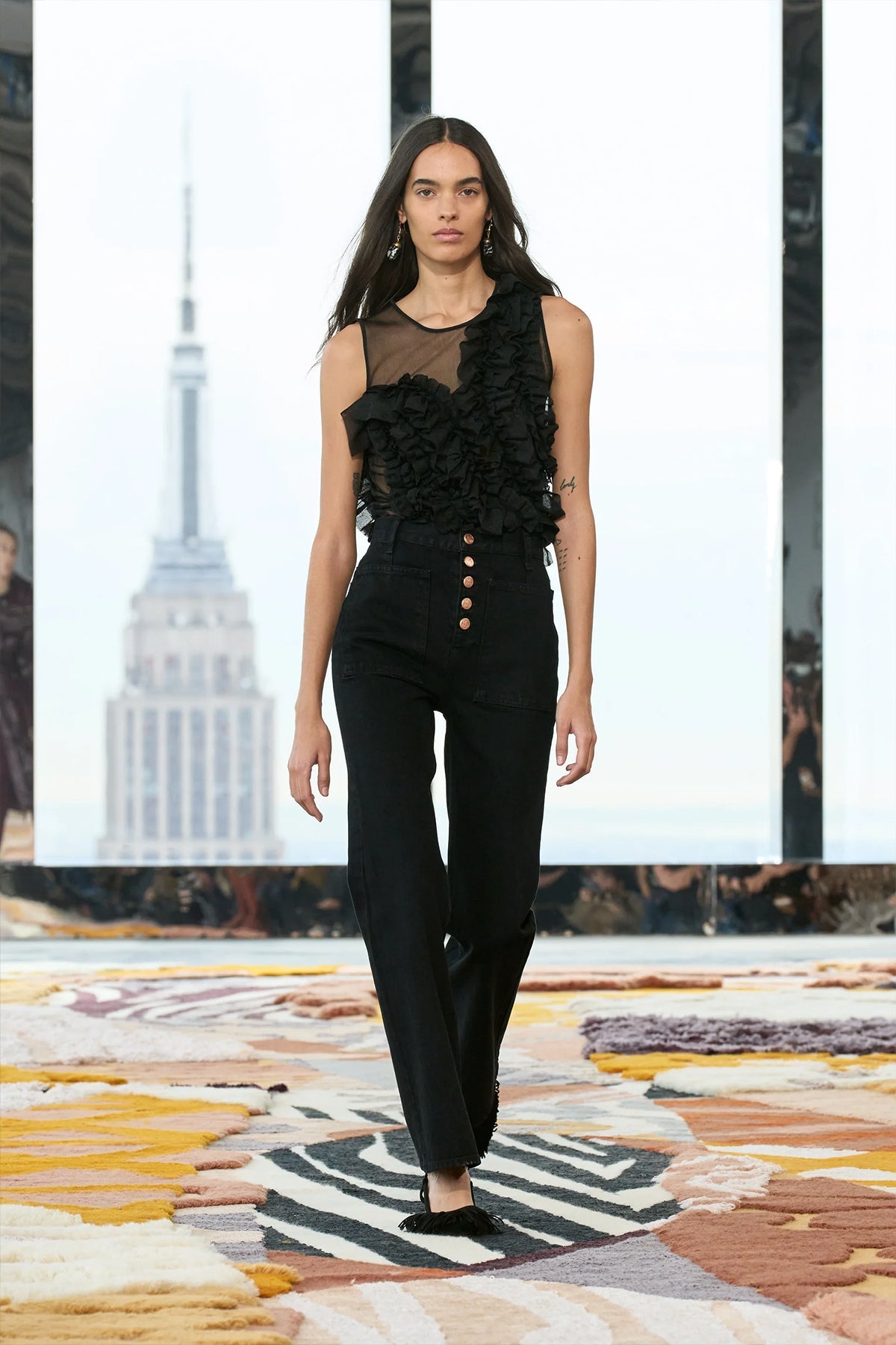 Winnifred Sheer Frilly Top in Noir - shop-olivia.com