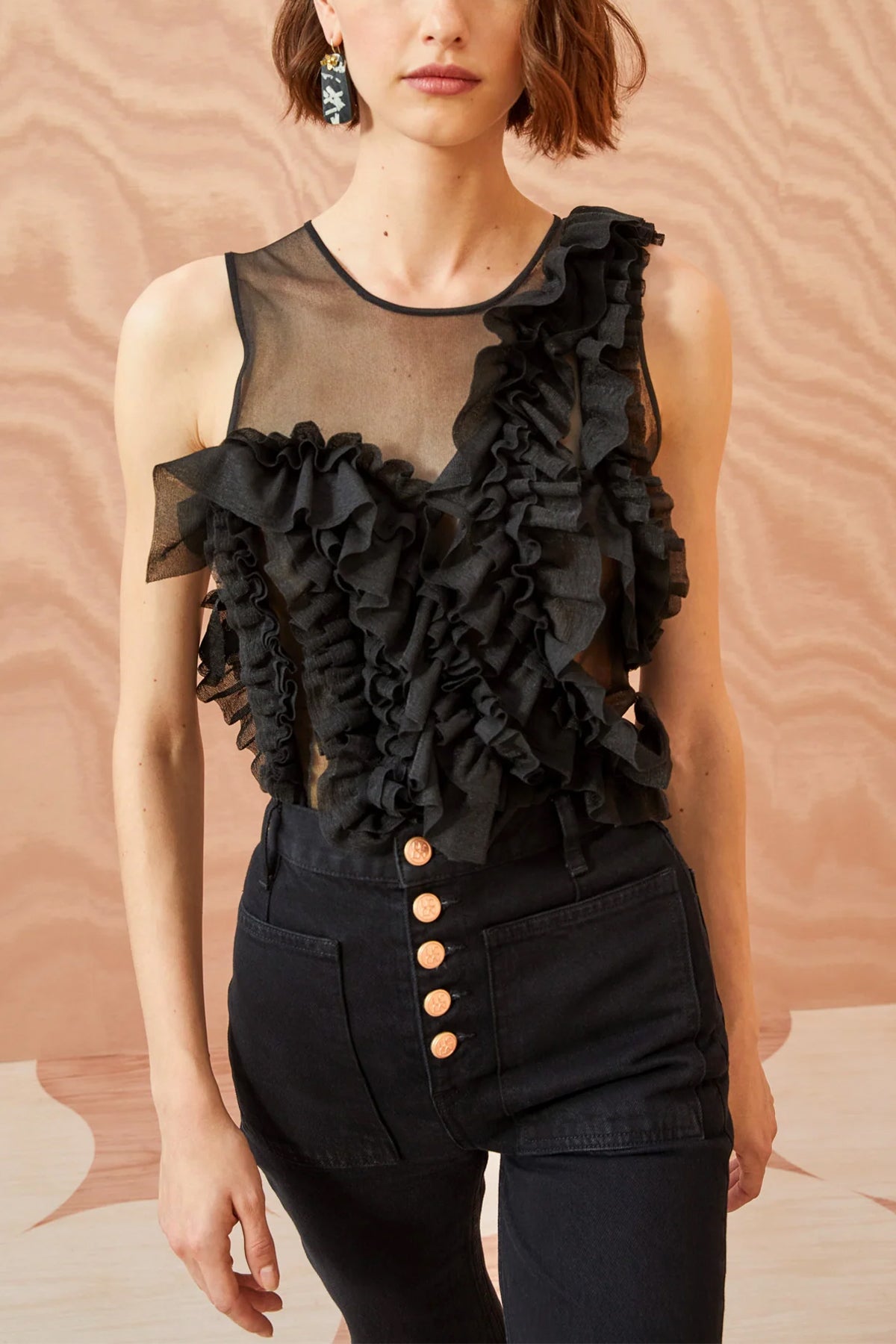 Winnifred Sheer Frilly Top in Noir - shop-olivia.com