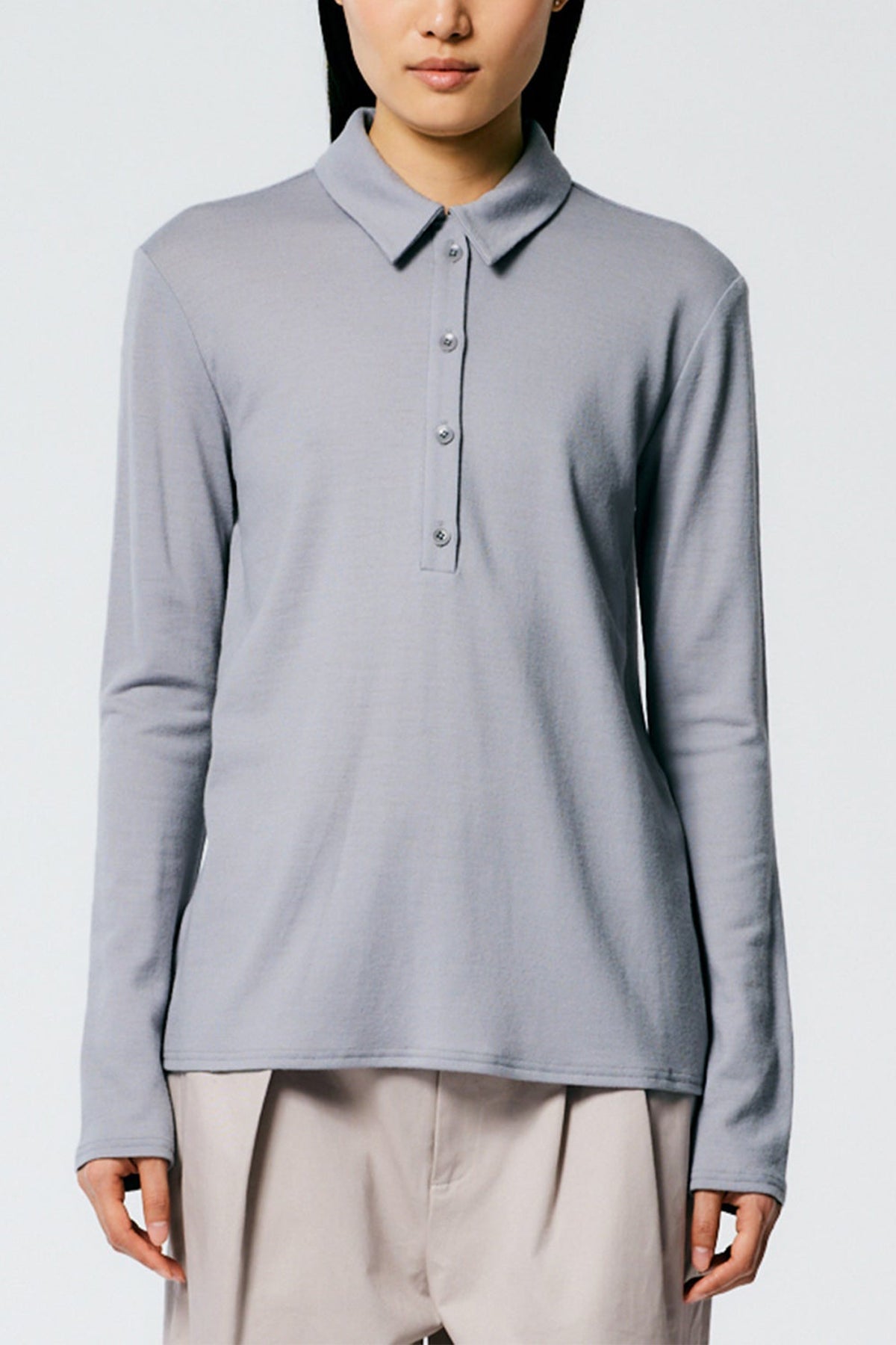 Wool Jersey Slim Polo Top in Grey Agate - shop-olivia.com