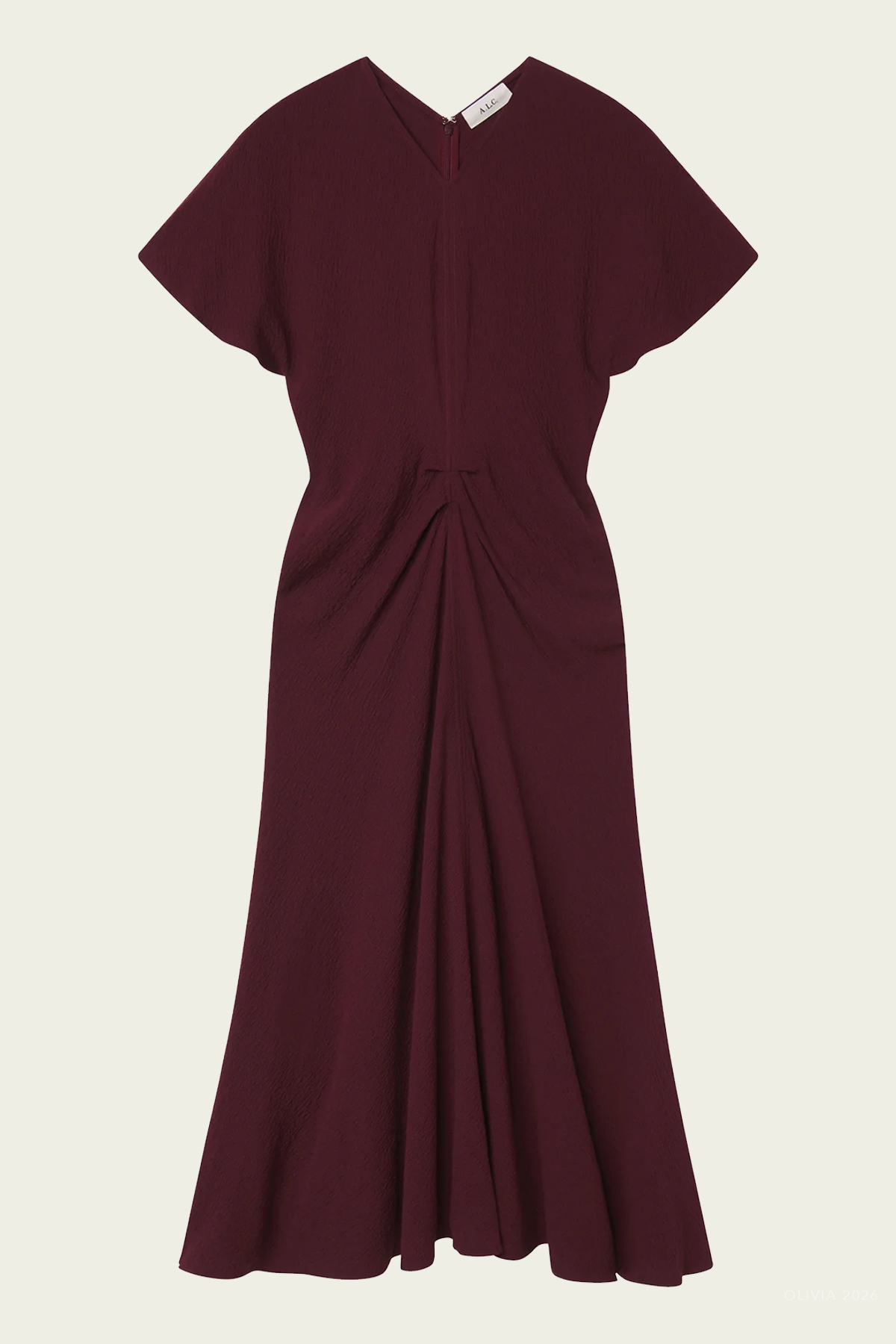 Rem Textured Crepe Ruched Midi Dress in Pinot Red