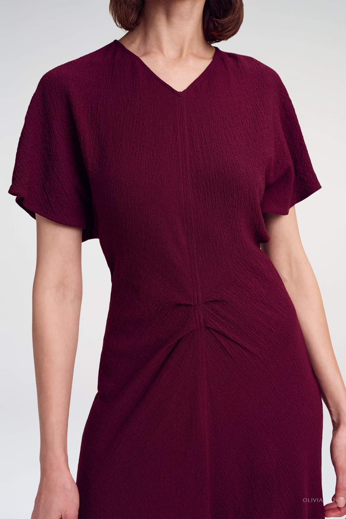 Rem Textured Crepe Ruched Midi Dress in Pinot Red