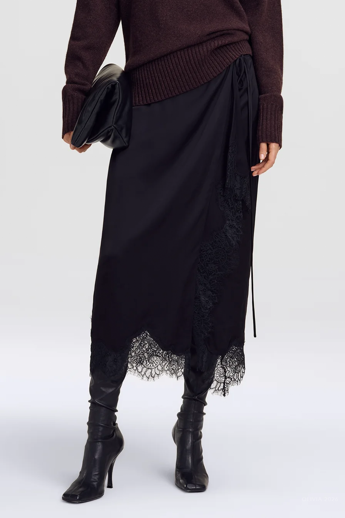 Bree Satin and Lace Midi Skirt in Black Black