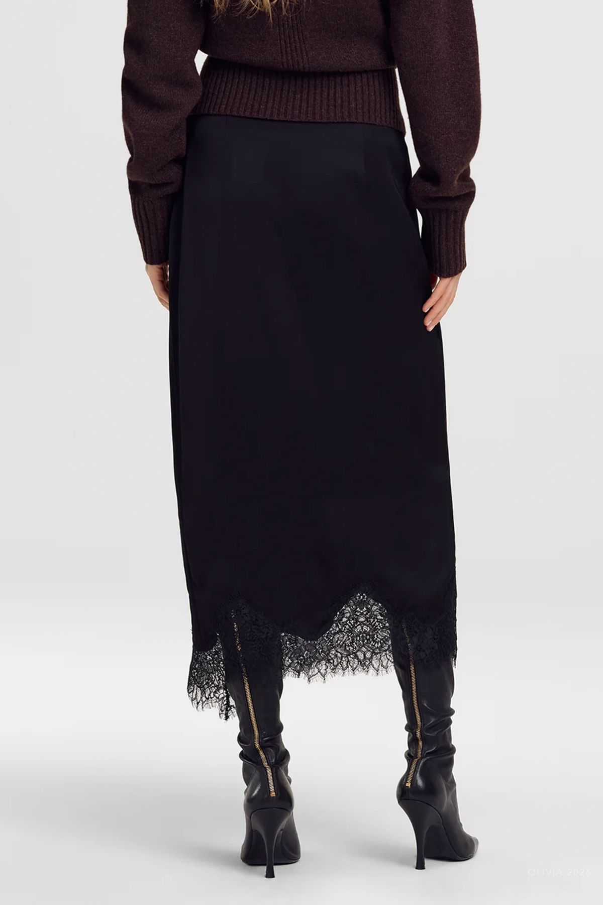 Bree Satin and Lace Midi Skirt in Black Black