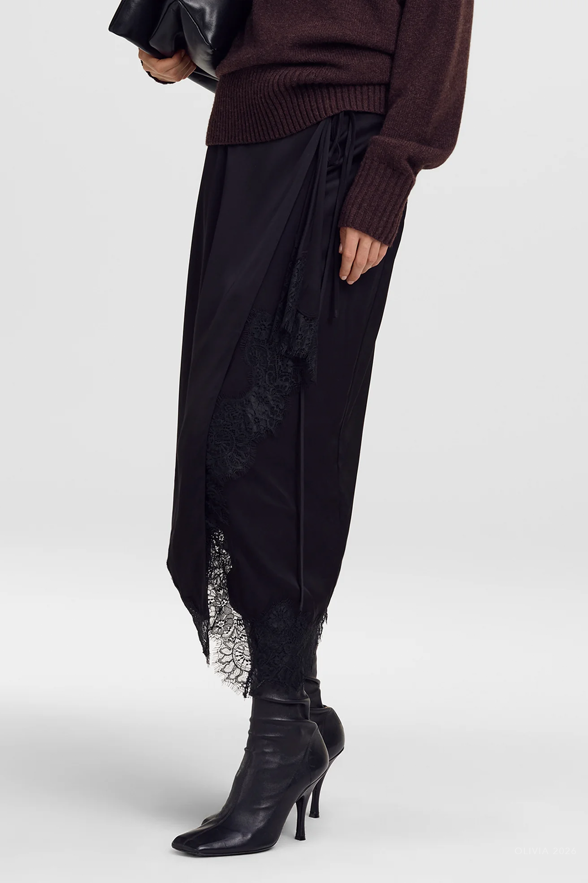 Bree Satin and Lace Midi Skirt in Black Black