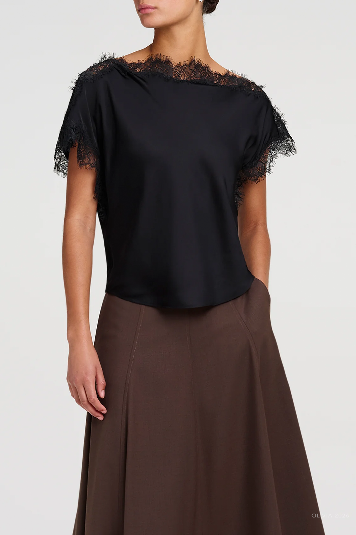 Luna Satin and Lace Top in Black Black