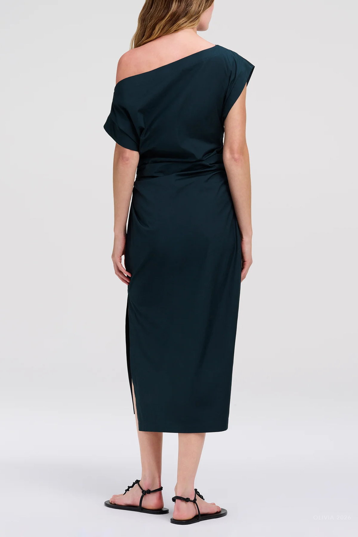 Nara Stretch Cotton Off Shoulder Midi Dress in Carbon Blue