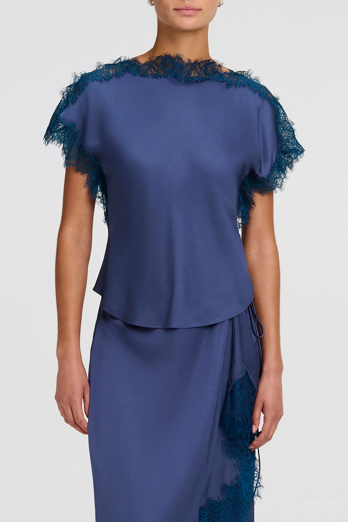 Luna Satin And Lace Top in Ash Blue