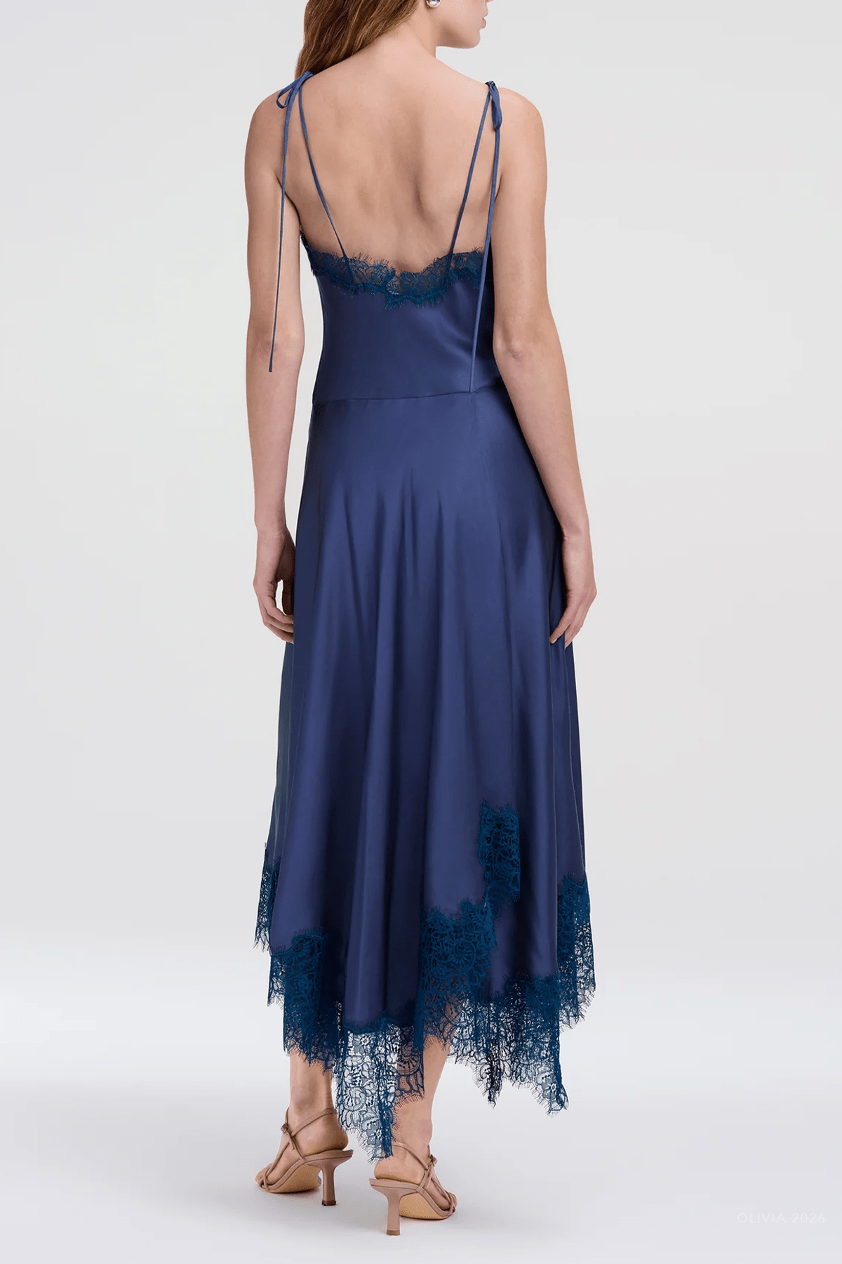 Aleena Satin And Lace Midi Dress in Ash Blue - shop-olivia.com