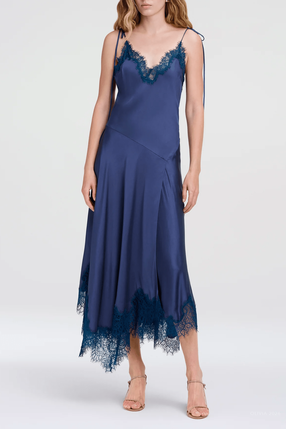 Aleena Satin And Lace Midi Dress in Ash Blue - shop-olivia.com