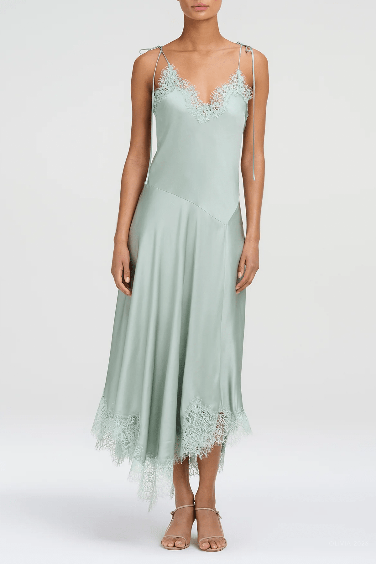 Aleena Satin and Lace Midi Dress in Pale Jade - shop-olivia.com
