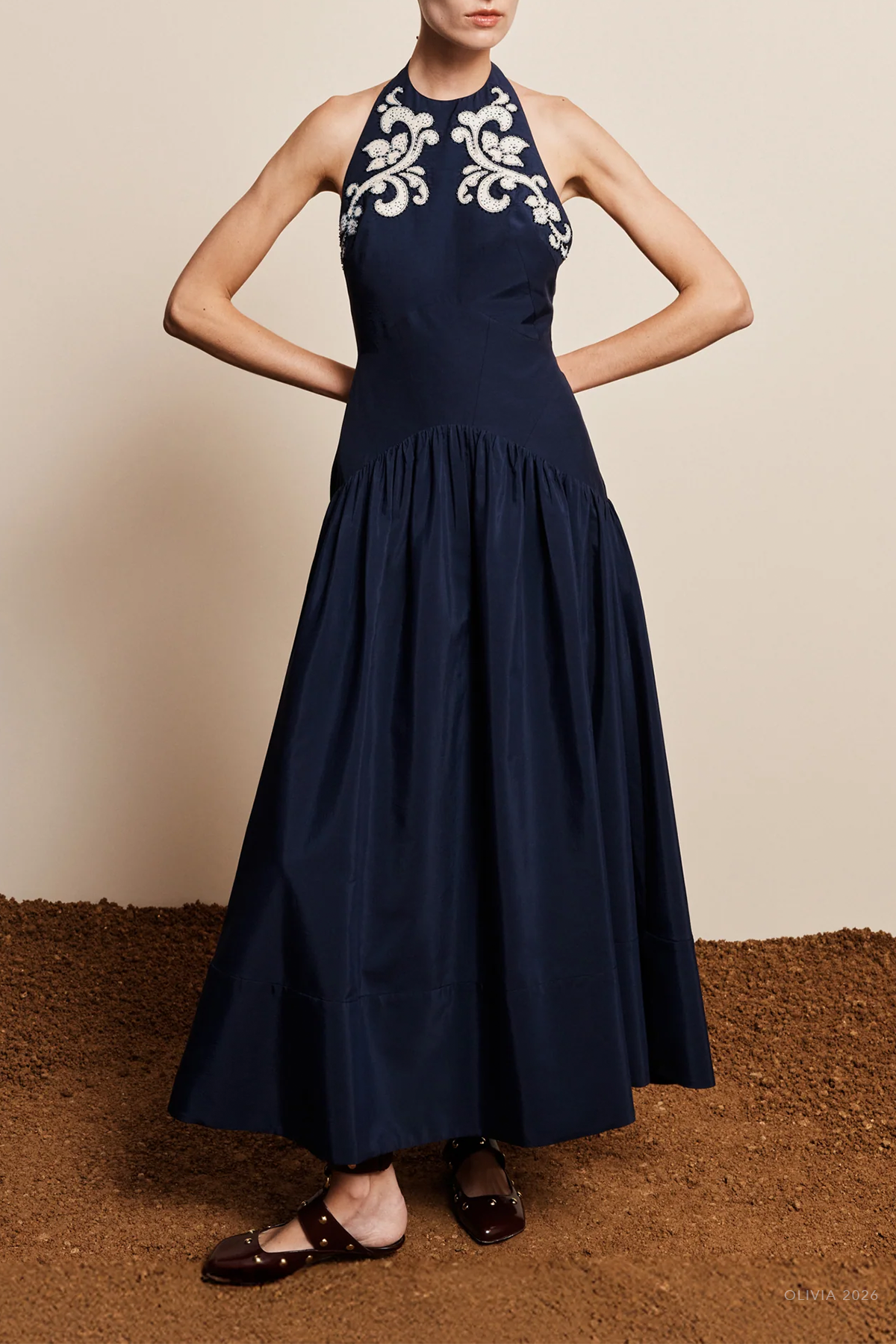 Dillon Applique Halter Gown in Ink